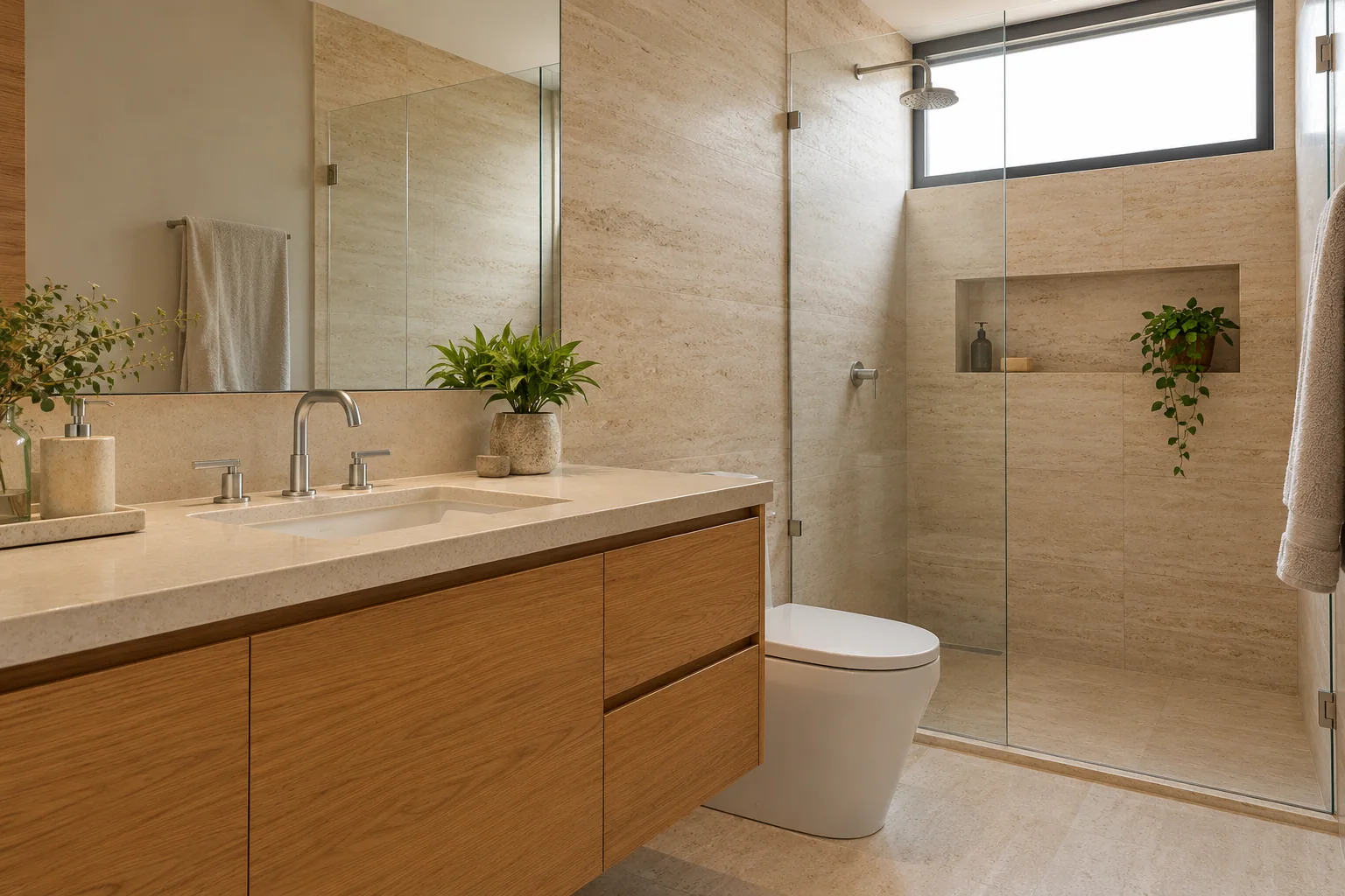 Banheiro contemporâneo com materiais e acabamentos claros