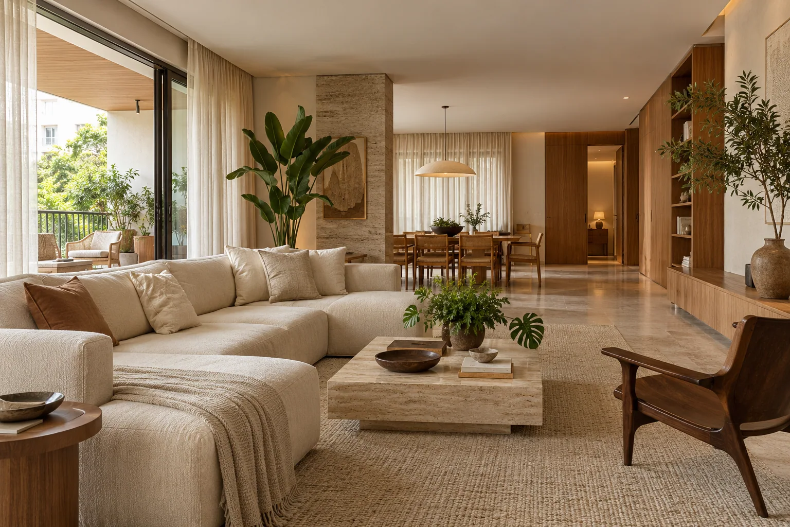 Sala contemporânea com luz natural, madeira e tons claros