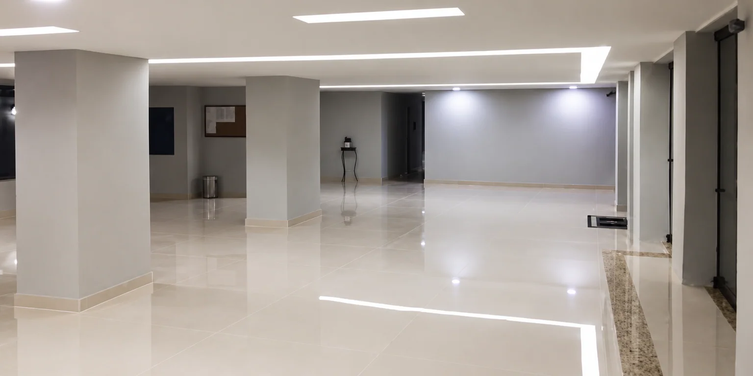 O ambiente após a reforma, com porcelanato, pintura e iluminação no teto.